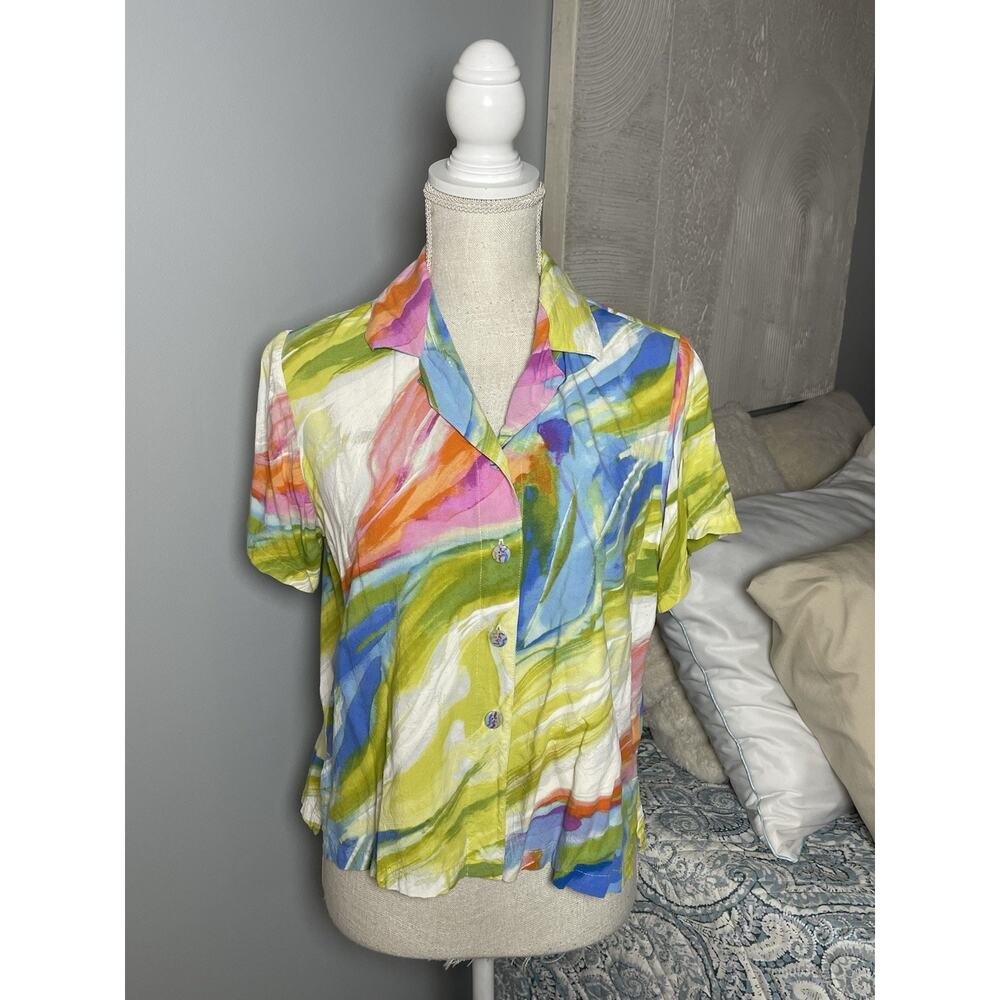 Jams World Hawaiian Shirt S Rayon Abstract Watercolor Print Button Front Boho
